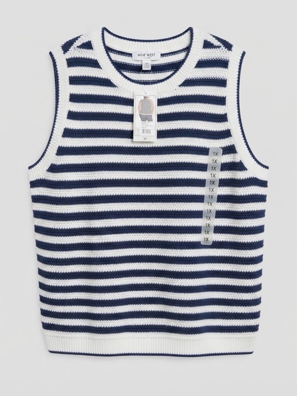 Nine West Striped Navy and White Crewneck Sweater Vest 1X
